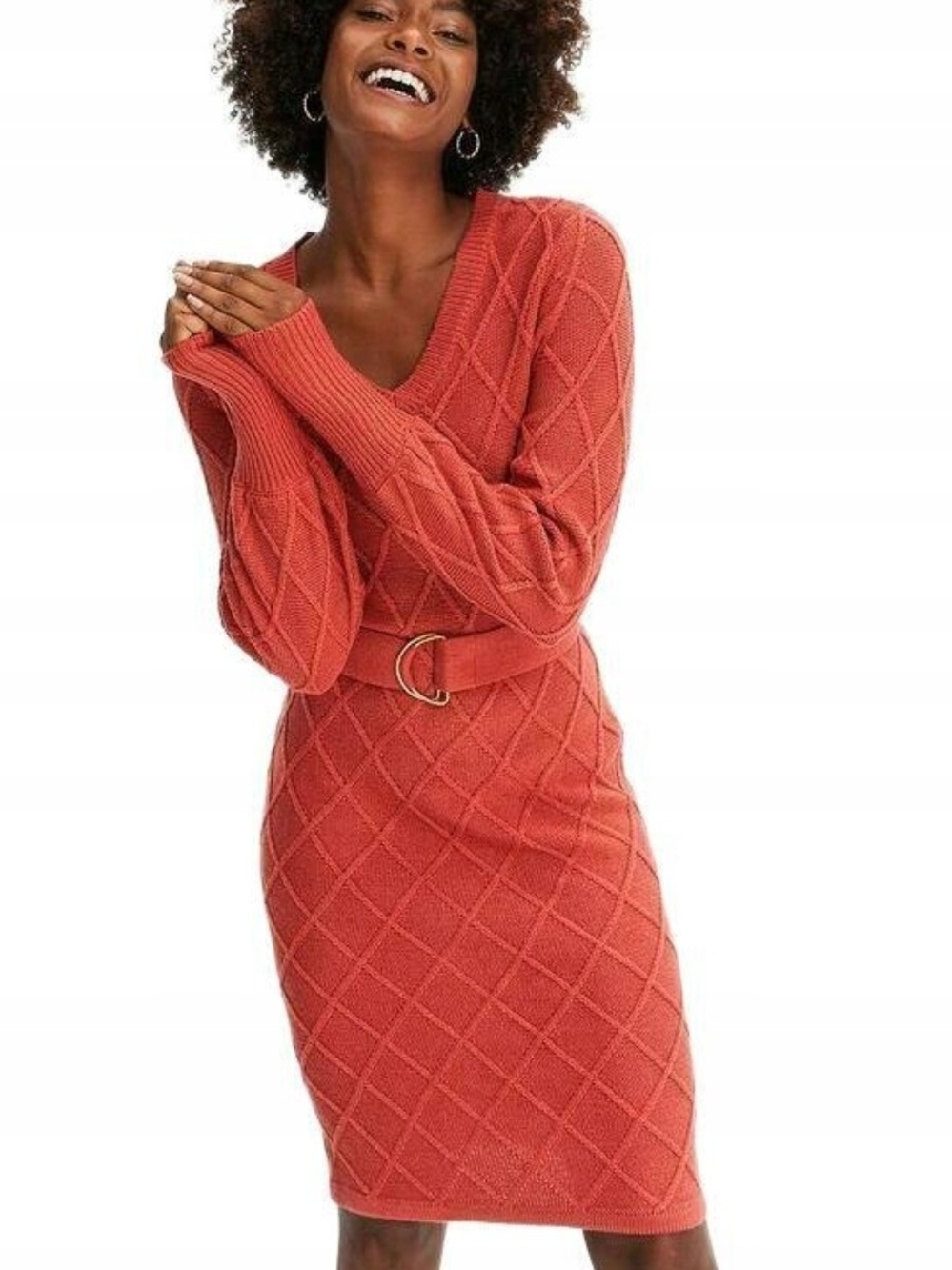 V-Neck Knit Belted Sweater Dress in Coral
